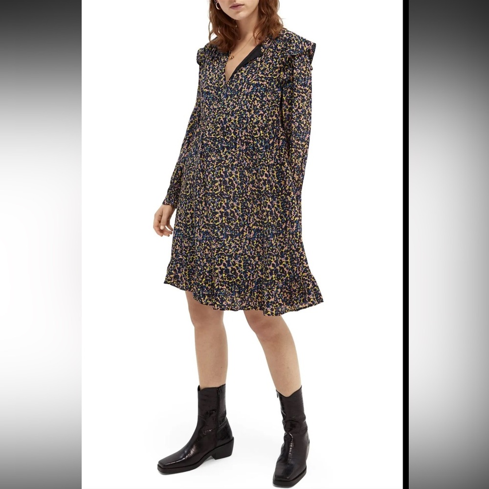 SCOTCH & SODA Print Ruffle Long Sleeve A-Line Dress